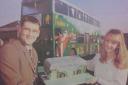Myrtle the playbus with (L) Stephen Milligan, general manager of Milligan's Bakers,  with the birthday cake and Kim Pearson,  project manager of Rural Action for Families in Tynedale in 1998