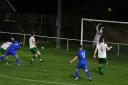 Blyth Town keeper Alex Lawrence palms a shot from Fergus Lynch (No.7) over the bar