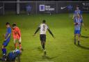 Newcastle Blue Star centre forward Nelson Ogbewe celebrates after breaking the deadlock against Prudhoe YC Seniors on a damp Friday night at Scotswood