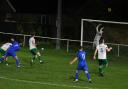 Blyth Town keeper Alex Lawrence palms a shot from Fergus Lynch (No.7) over the bar