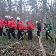 Rescue services team up to help patient in a medical emergency next to a river bank.
