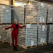 Heather Mills with her donation of 300,000 cans of VBites Cheezly Beans
