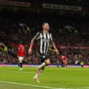 Miguel Almiron celebrates Newcastle's first goal at Old Trafford
