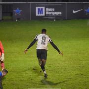 Newcastle Blue Star centre forward Nelson Ogbewe celebrates after breaking the deadlock against Prudhoe YC Seniors on a damp Friday night at Scotswood