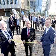 Northumberland County Councillor Jeff Watson Cabinet member for Healthy lives , Glen Sanderson leader of NCC cutting the ribbon to open Morpeth Leisure Centre and Mark Warnes chief executive of Active Northumberland