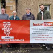 (From left to right) Fusion Fibre Group Regional Sales Manager John Wilson, Fusion Fibre Group Head of National Sales Gary Spooner, County Councillor of Mickley and Stocksfield Anne Dale, connected Stocksfield residents David Parker and Karol Proszowski,