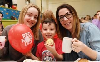 Amy Riley, Theo Thompson and mum Philippa Thompson at the Shaftoe Trust Wise Academy Red Nose Day in 2019coffee morning.