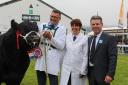 Jason and Sarah Wareham with their 2019 Great Yorkshire Show Galloway champion Welling of Kilnstown with judge John Teare from the Isle of Man. The bull was bred by Andrew Waugh of Bewcastle.