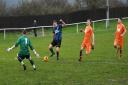 Ryton & Crawcrook Albion's top-scorer Aaron Costello about to slot home his side's second goal against Thornaby