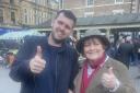 Stephen Castelow with Brenda Blethyn in Hexham marketplace