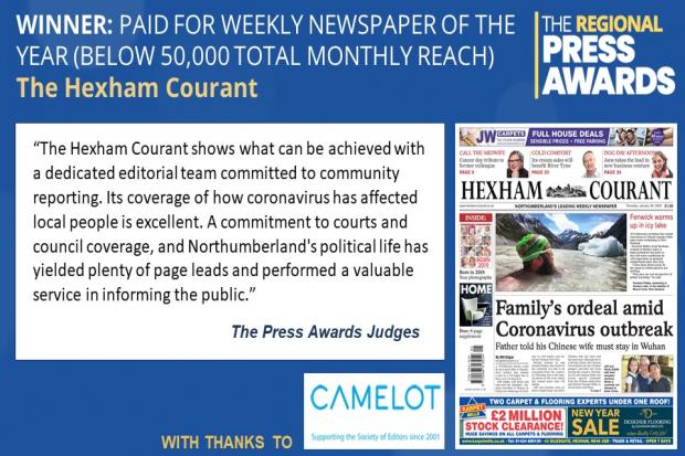 The Hexham Courant named weekly Newspaper of the Year.