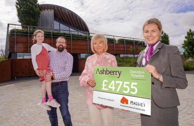 CHEQUE: Matthew Slater and daughter Louisa with Karen Verrill, Maggie’s Newcastle, who received a £4,755 donation from Ashberry Homes, presented sales advisor Sarah