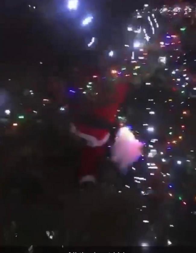 STUCK: Father Christmas stuck in a Christmas tree