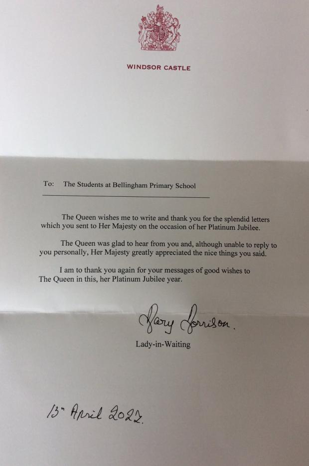 Hexham Courant: CELEBRATION: The letter addressed to the students of Bellingham Primary School. Image: Bellingham Primary School