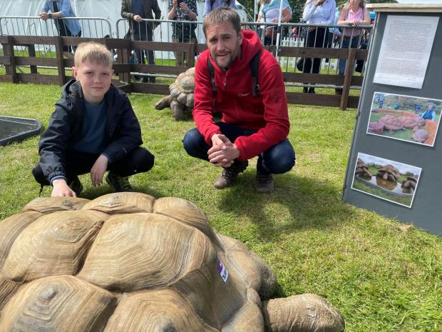 Hexham Courant: Rilley Maxwell and David Batchelor with a giant tortoise at the Northumberland County Show.