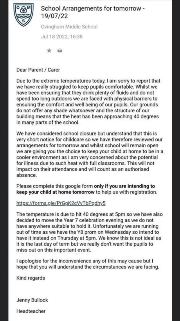 Hexham Courant: Ovingham Middle School's email to parents