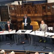 The prospective parliamentary candidates for Hexham, from left, Penny Grennan (Labour), Stephen Howse (Liberal Democrat), Nick Morphet (Green) and Guy Opperman (Conservative) with Rev. David Goodall (centre) who chaired the hustings at Hexham.
