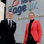 FUNDING: Stephen Burt of Newcastle Building Society with Amy Whyte of Age UK Northumberland
