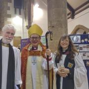 WELCOME: (L-R) Rev'd Steve Wright, Acting Bishop of Newcastle Mark Wroe and Archdeacon of Lindisfarne Catherine Sourbut Groves