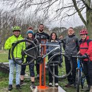 (L-R): Mike Domingue, Suzanne Fairless-Aitken, Tom Hardy of Twelfth City Cyclery, Alison Smith, Toby Price and Ted Liddle at the unveiling of the new Tyne Green public bike repair station