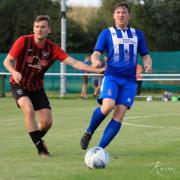 Brad Lowes (left) seen here in action against Redcar Town scored his 4th goal of the season at Kingsley Park on Friday night