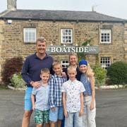 James and Emma Middleton with their children outside The Boatside Inn, Warden, which got a new food hygiene rating on April 10