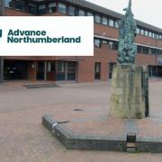 County Hall, in Morpeth, with, inset, the Advance Northumberland logo