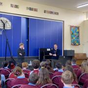 Guy Opperman MP and Councillor Nick Oliver speaking to pupils at Corbridge Middle School