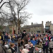 Crowds gather in Corbridge Market Place for the Boxing Day Hunt meet of the Tynedale Hunt in 2019