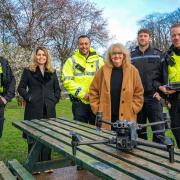 Labour Police and Crime Commissioner Kim McGuinness (left) and Bothal councillor Lynne Grimshaw (right) with Northumbria Police officers and the new drone that will be used to tackle crime