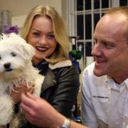 Orchard House Vets in Hexham. Vet Tim Pearson with Milo the Maltese Terrier and owner Eleanor Donkin.
