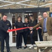 (L-R) Terry Christie with bar manager Jackie Flemming, Sophie Surtees, Kerys Whitehead, Rachel Christie  and Haltwhistle Town Council Chairman Alan Sharp