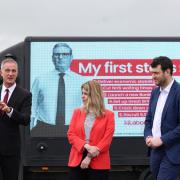 (L) Shadow Secretary of State for Science, Innovation and Technology Peter Kyle visits Hexham alongside Kim McGuiness and Hexham parliamentary candidate Joe Morris to 'unveil some new Labour artwork'