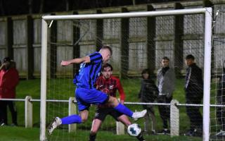 Ryton & Crawcrook Albion's top-scorer Aaron Costello slot home his side's second goal against Prudhoe YC Seniors
